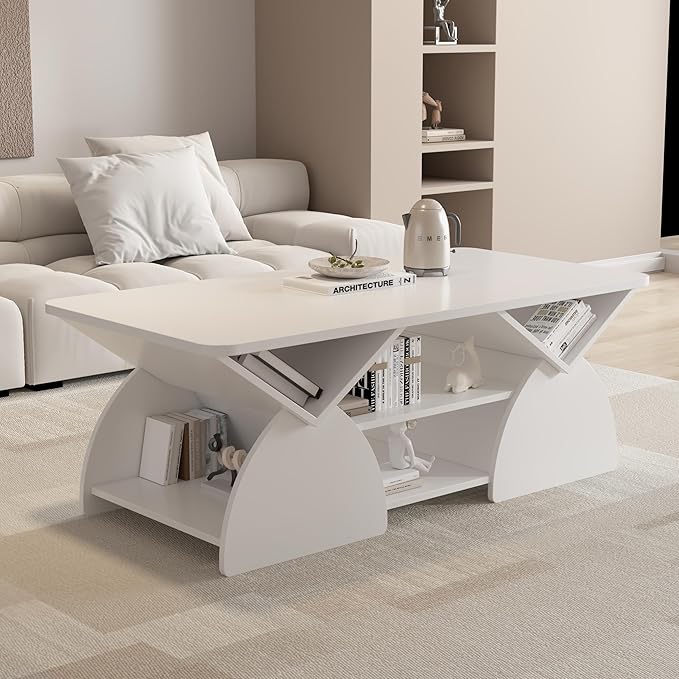 Modern White Coffee Table 47 in, Rectangular Living Room Table