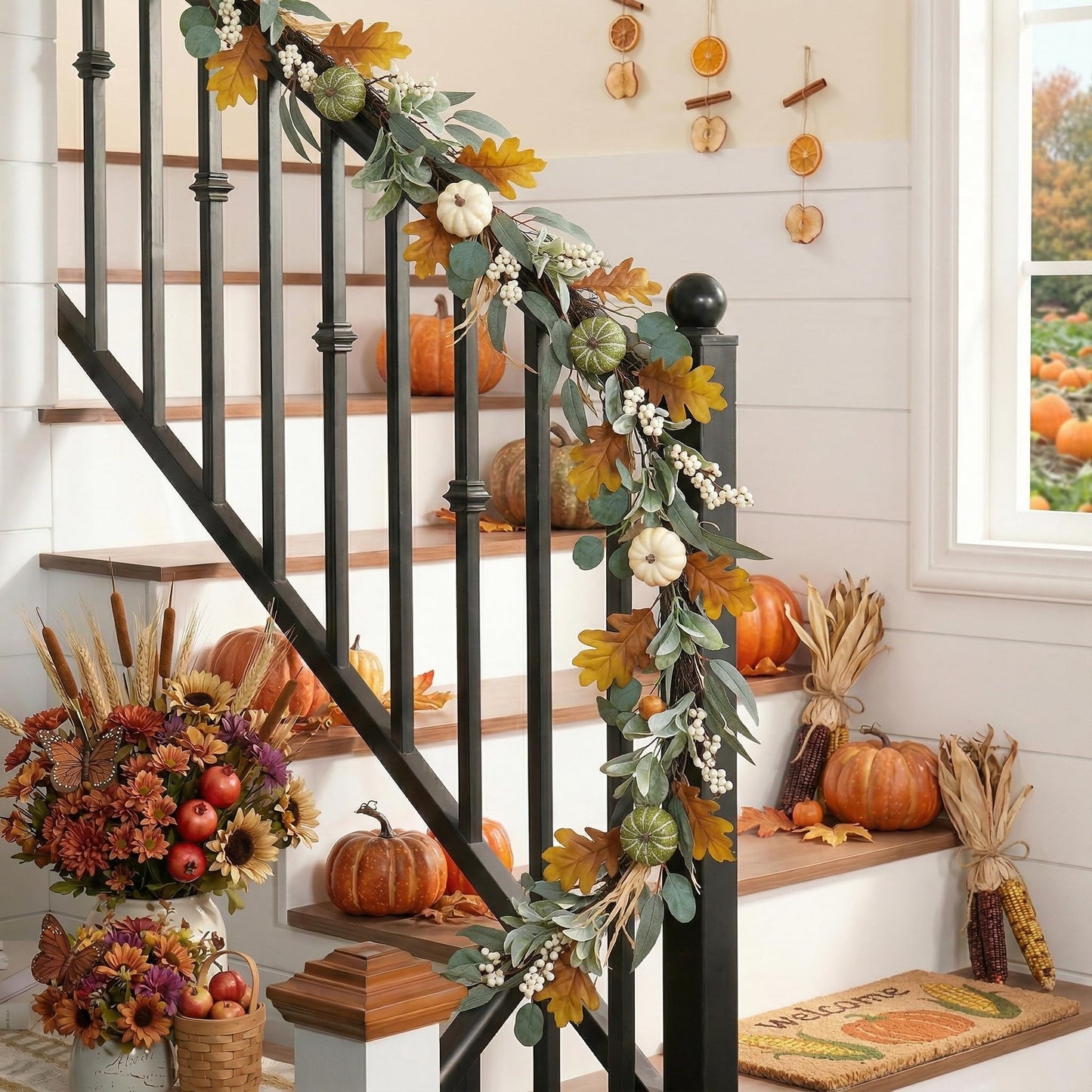 Valery Madelyn Fall Garland for Mantle, 9ft Lambs Ear Leaves Garland with Lights White Pumpkins Thanksgiving Table Centerpiece, Fall Autumn Decorations for Home Porch Fireplace Outdoor Halloween Decor