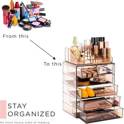 Sorbus Acrylic Makeup Organizer Set, 6-Drawer Vanity & Countertop Cosmetic Storage with Small & Wide Compartments, Bronze Glow Makeup Storage for Brushes, Jewelry – Holiday Gift for Women & Teens