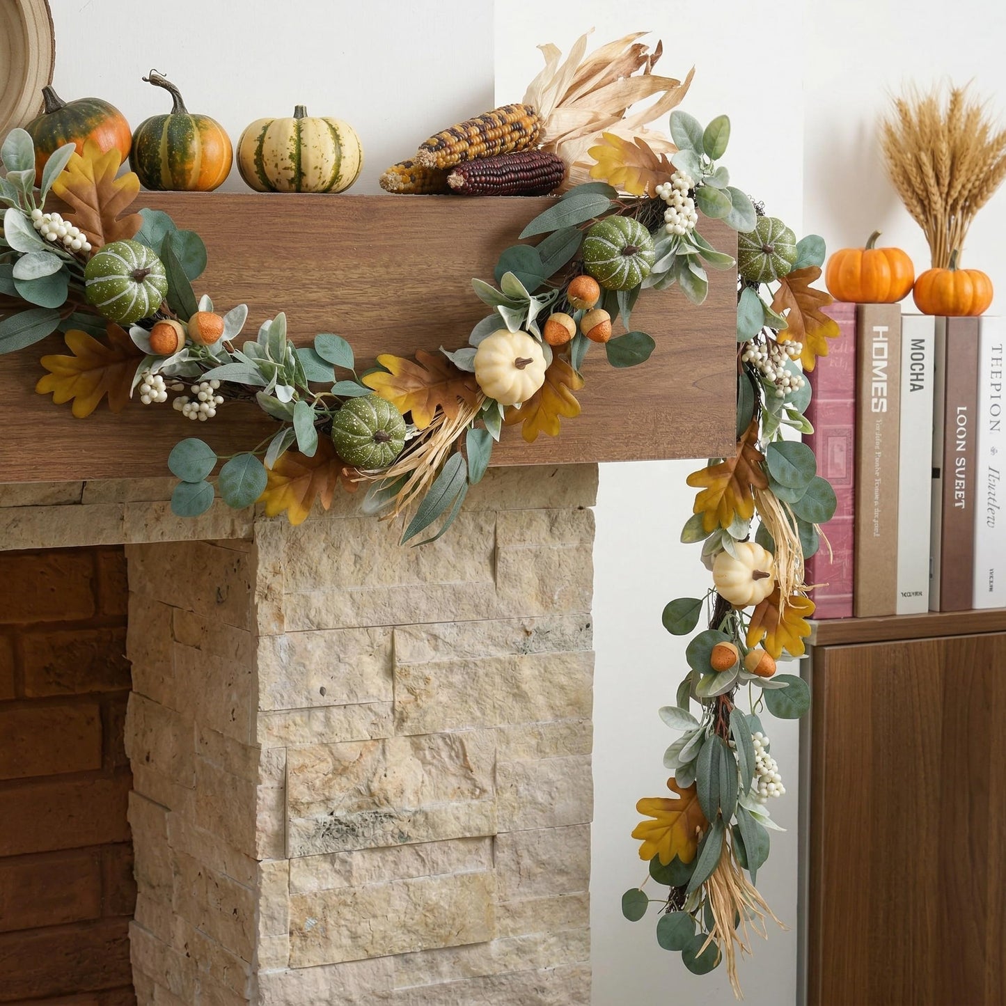Valery Madelyn Fall Garland for Mantle, 9ft Lambs Ear Leaves Garland with Lights White Pumpkins Thanksgiving Table Centerpiece, Fall Autumn Decorations for Home Porch Fireplace Outdoor Halloween Decor
