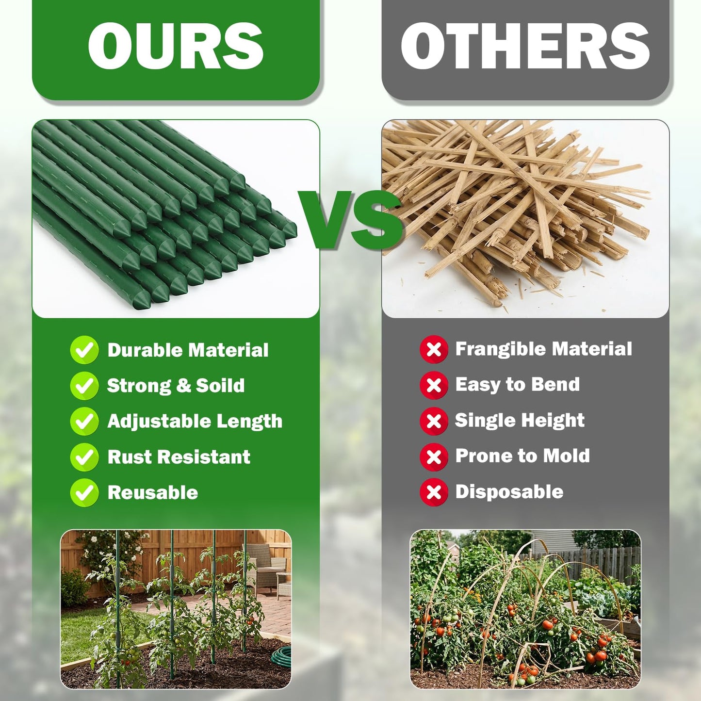 Tegarbed Garden Stakes 70 Pack, 16 Inch Plastic Coated Metal Tomato Stakes, DIY 4ft 5ft 6ft 7ft Plant Support Stakes with 40 Connectors 30 Rotatable Clips 30 Plant Clips for Indoor Outdoor Vegetables
