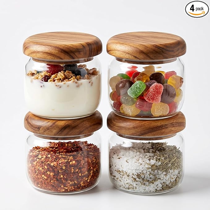 4-Pack 10 fl oz Wide Mouth Mason Jars with Spoon & Labels, Acacia Wood Lids, Press Seal, No Plastic, for Food, Snacks, Candy, Fruits, Coffee Beans, Spices & Dry Storage, Pantry Organizer.