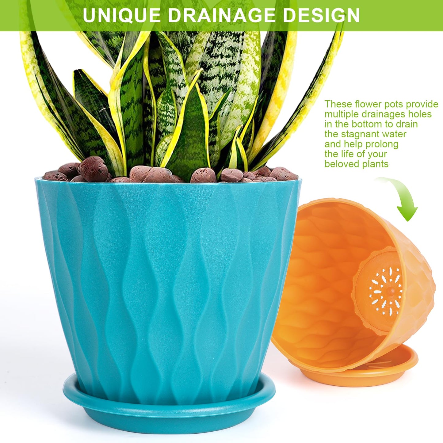 5 Pack Indoor 6 Inch Plant Pots, Flower Pots Outdoor Planter Planting with Drainage Holes, and Tray Saucers for All Home Gardens Succulents