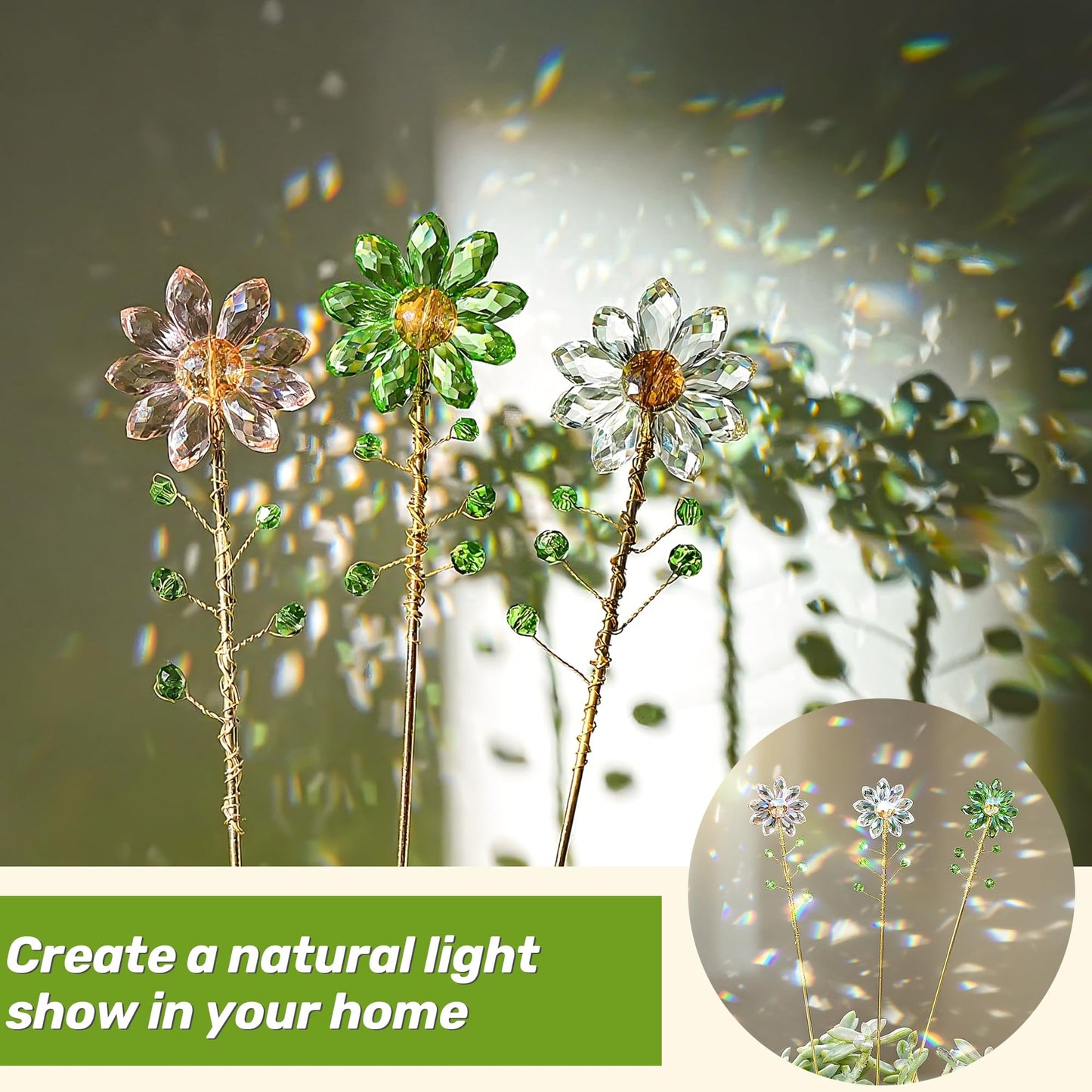 H&D HYALINE & DORA 3 Pcs Crystal Sunflower Suncatchers with 13'' Gold Trellis Metal Plant Stake for Indoor Outdoor Garden Potted Plants Decorations Plant Lover Gift(Clear, Green, Pink)