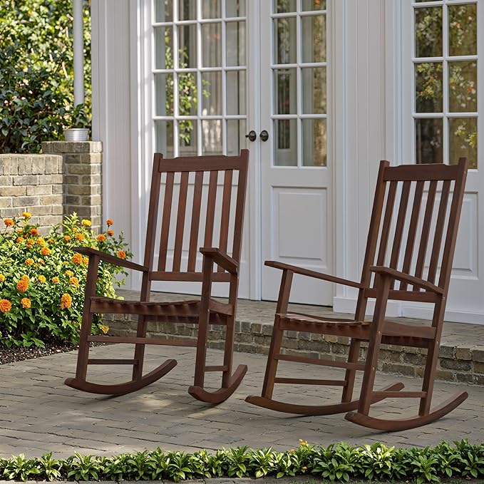Flamaker Acacia Wood Patio Rocking Chair Set of 2, High Back and Widen Armrest