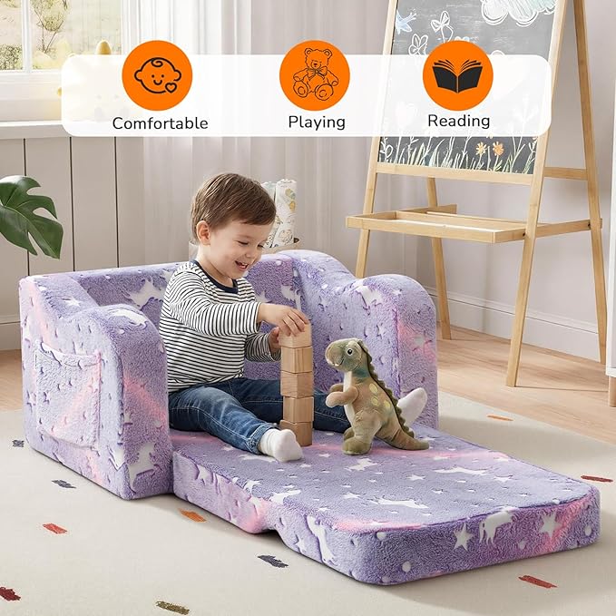 MeMoreCool Glowing Lavender Unicorn Kids Chair, 2-in-1 Convertible Kids Couch
