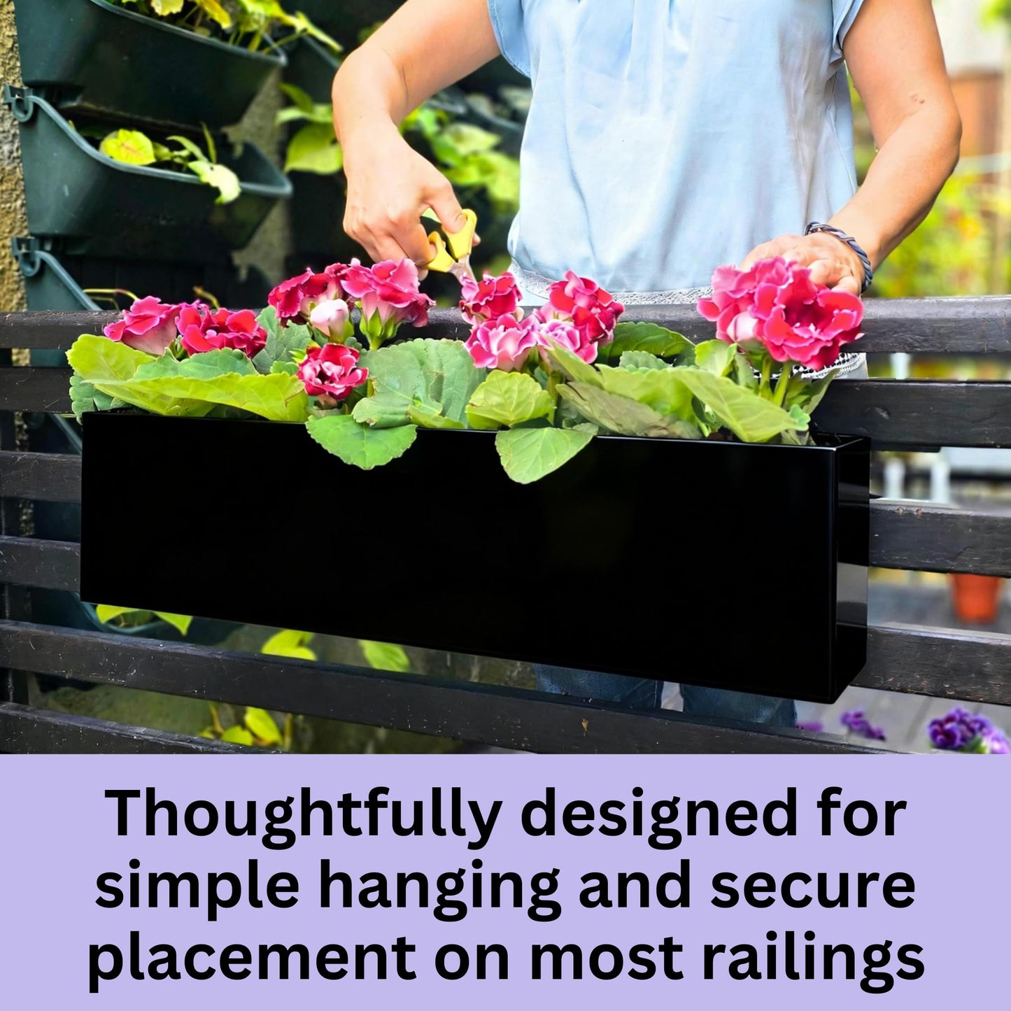 LaLaGreen Railing Planter Box (30 Inch, 4 Pack) Large Black Metal Rectangular Hanging Flower Boxes with Brackets, Planters for Outdoor Deck Railings Fence Balcony Patio Porch Over Rail Garden Decor