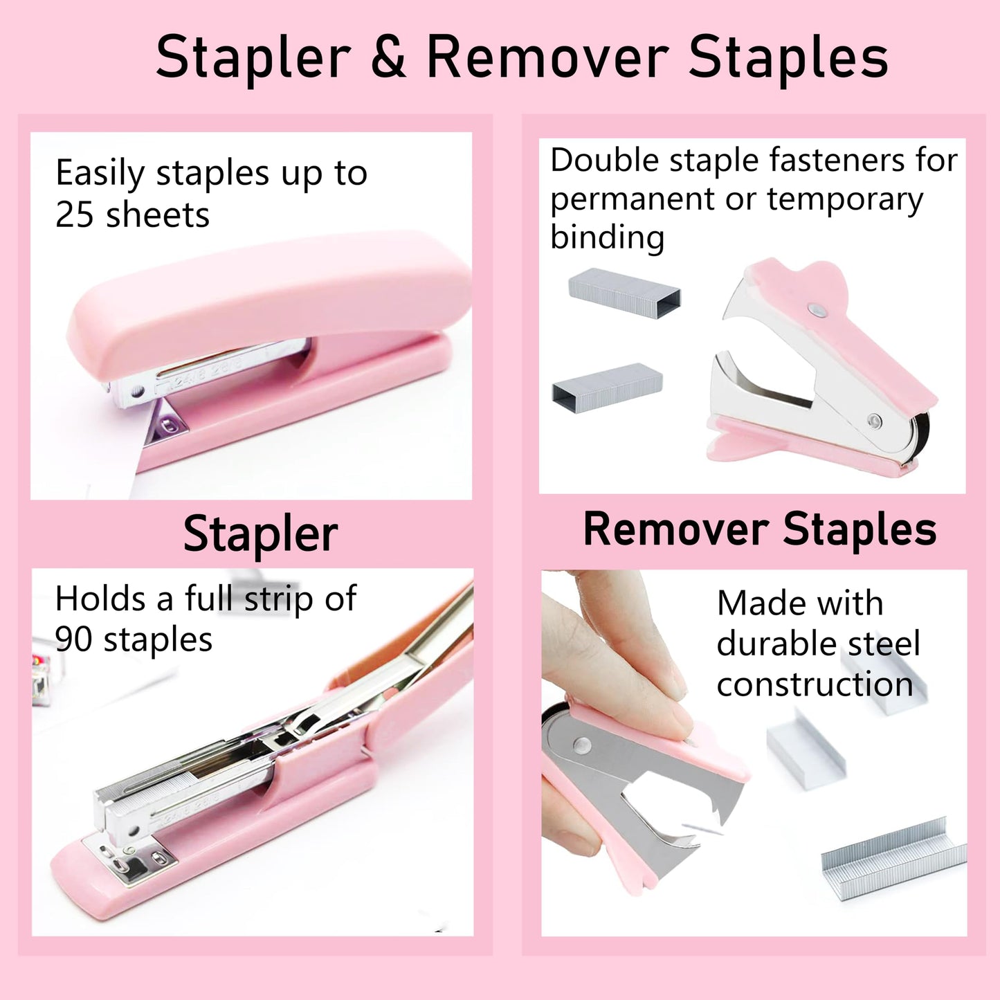 Pink Office Supplies, Pink Desk Accessories, Stapler, Staple Remover, Tape Holder, Pen Holder, Ballpoint Pen, Scissor, Binder Clips, 1000pcs Staples, Phone Holder, Ruler, Transparent Glue and Notes