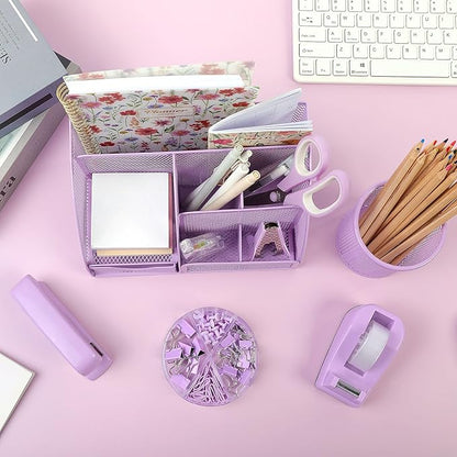 SKYDUE Purple Office Supplies, Purple Desk Organizer for Kids, Mesh Desk Organizer, Stapler, Tape Dispenser, Scissors, Binder/Paper Clips and 1000pcs Staples, Girls Desk Accessories
