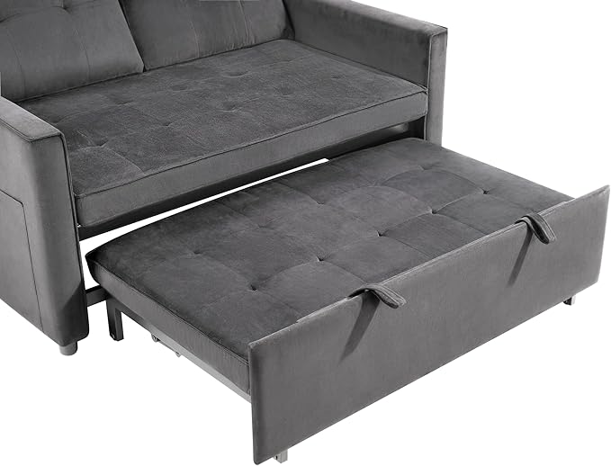 Sofa Bed, Pull Out Couch with Side Pockets, 3 in 1 Velvet Fabric Loveseat