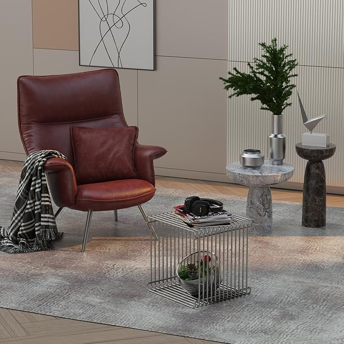 Square Geometry Retro Side Table Prime-Stainless Steel Linear Metal End Table