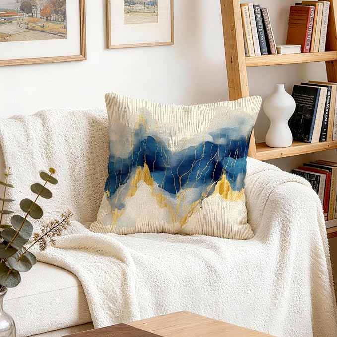 OBSEDE Blue and Gold Abstract Art Decorative Throw Pillow Covers 18 × 18 in