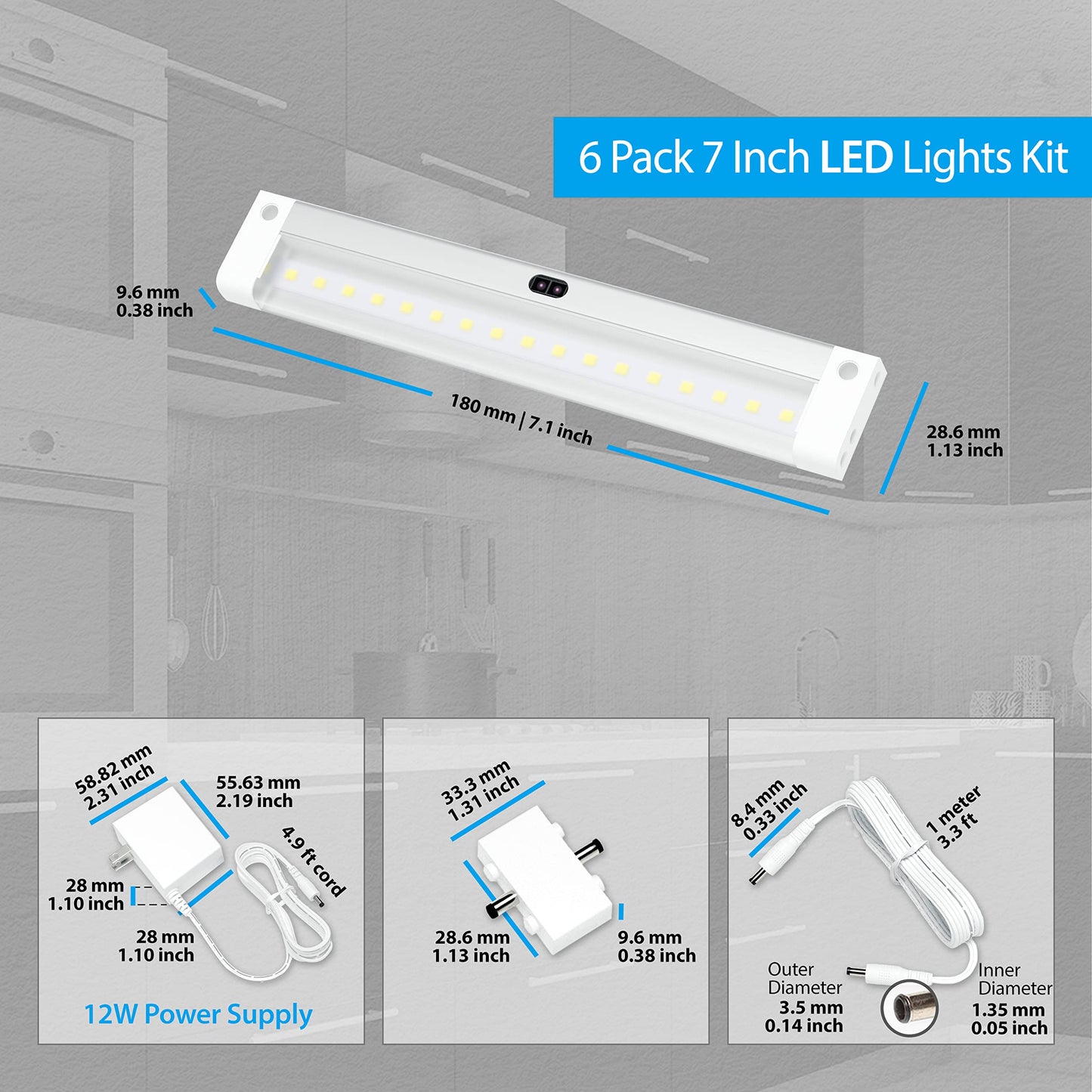 EShine Hand Wave Activated Under Cabinet LED Lighting Kit, Dimmable, 6-Pack 7 in - Touchless Dimming Control, White Under Counter Lights for Kitchen, Garage, Office, Desk - Warm White (3000K)