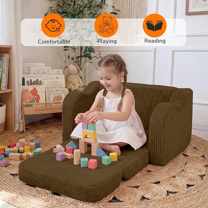 MeMoreCool Toddler Couch, 2-in-1 Corduroy Kids Couch Fold Out to Lounger