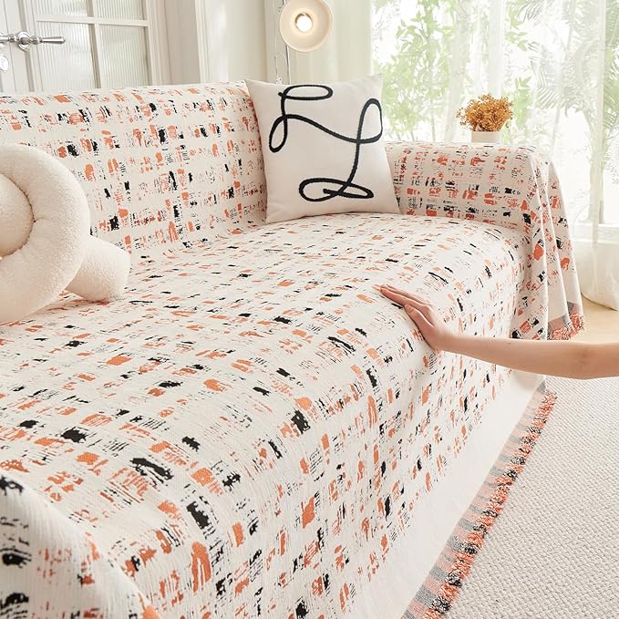 DREAMINGO Abstract Chenille Couch Cover Blanket Beige Orange Black Boho Sofa