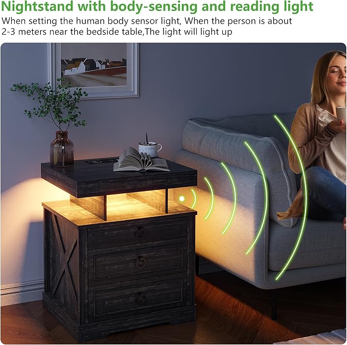 HNEBC Night Stand Set 2 with Gun Drawers, Farmhouse Nightstand with Charging