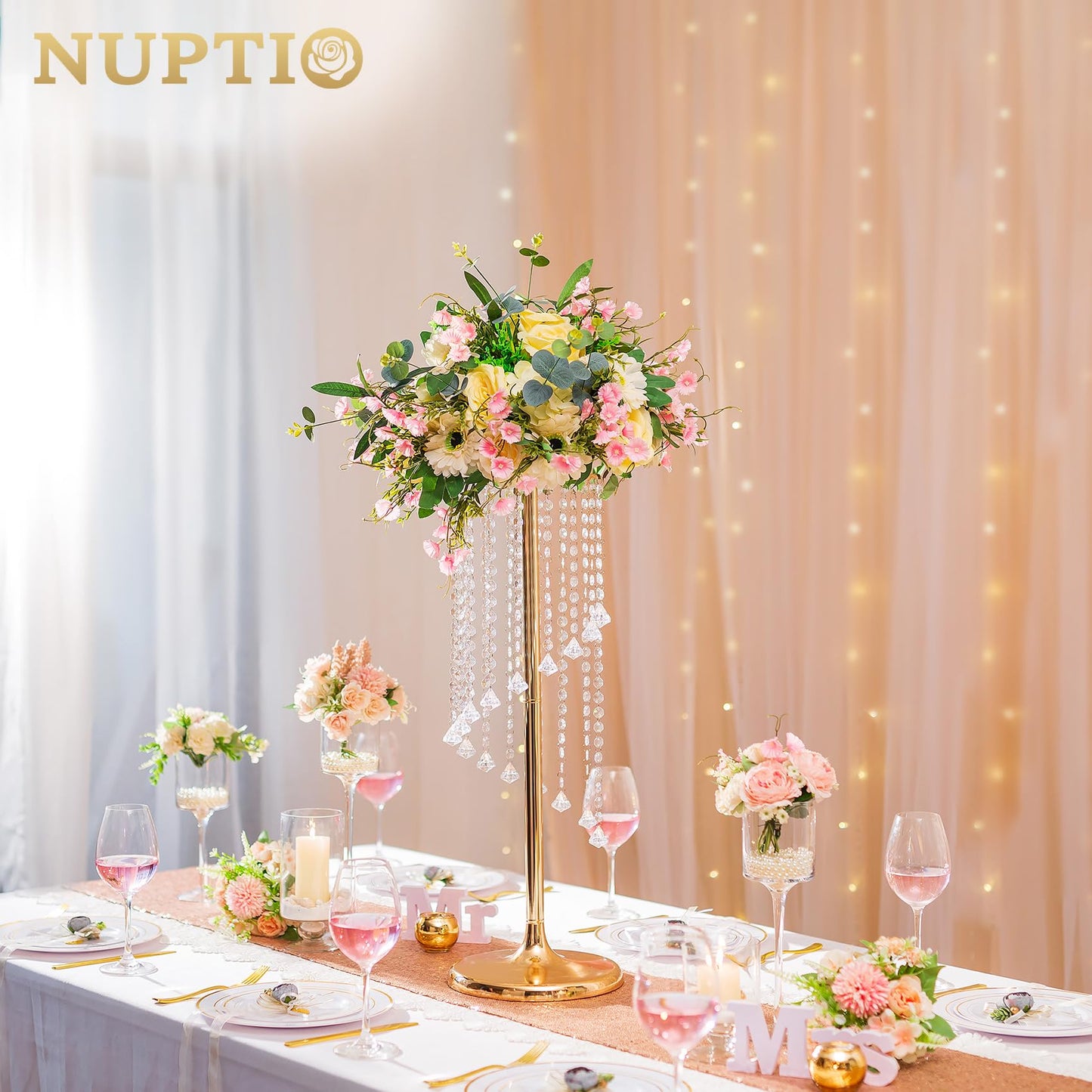 Nuptio 2 Pcs 27.6inch Tall Wedding Centerpieces Gold Vases Crystal Flower Vase Metal Flowers Stand for Party Tables Decorations - Elegant Bulk Weddings Decoration Table Chandelier Centerpiece Stands