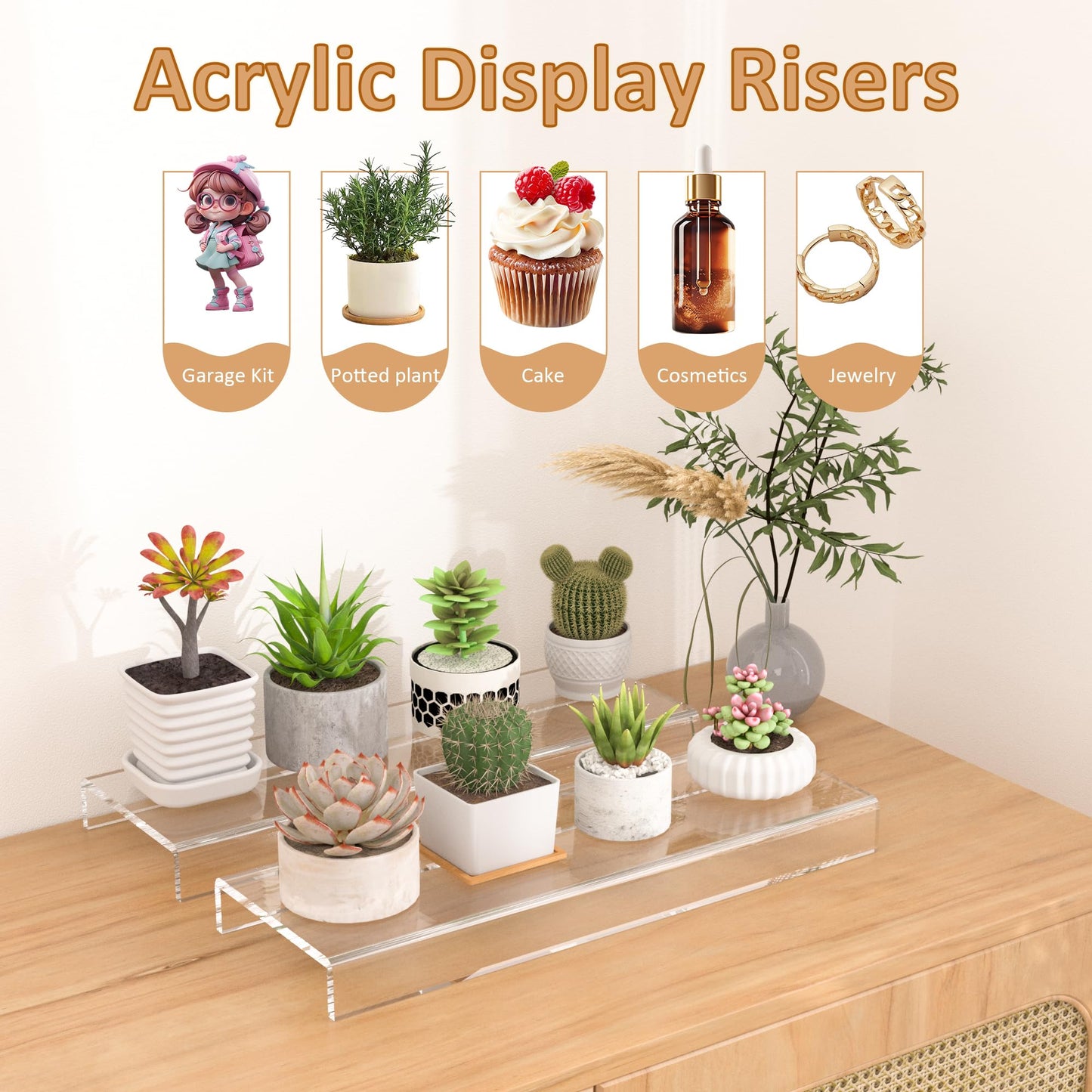 Sezanrpt Acrylic Shelf Riser 12x3.9x1 pack of 2, Clear Display Shelf 12” for Shoes, Glasses, Plants, Home Decors, Perfume, 12x3.9x1 Inch