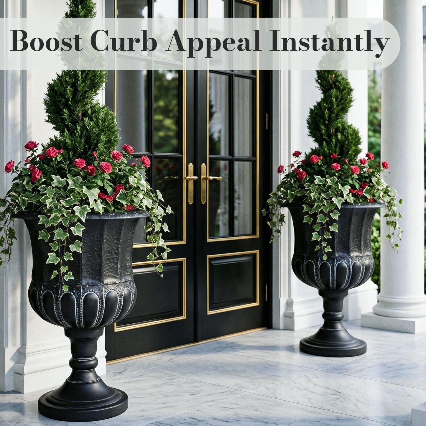 Worth Garden 25" H. Metal Urn Planters 2-Pack - Black Traditional Classic Iron Plant Pots - Large Decorative Rustic Flower Container for Patio, Front Porch, Outdoor Use