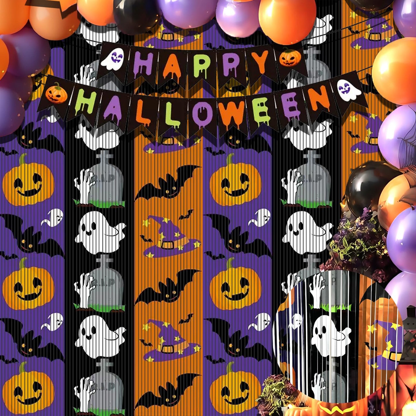 OQOQ Halloween Party Decorations Backdrops, 2 Pcs 3.3x6.6 Ft Tinsel Foil Fringe Curtains & 1 Pcs Happy Halloween Banner, Streamer Large Photo Booth Props Indoor Party Decor