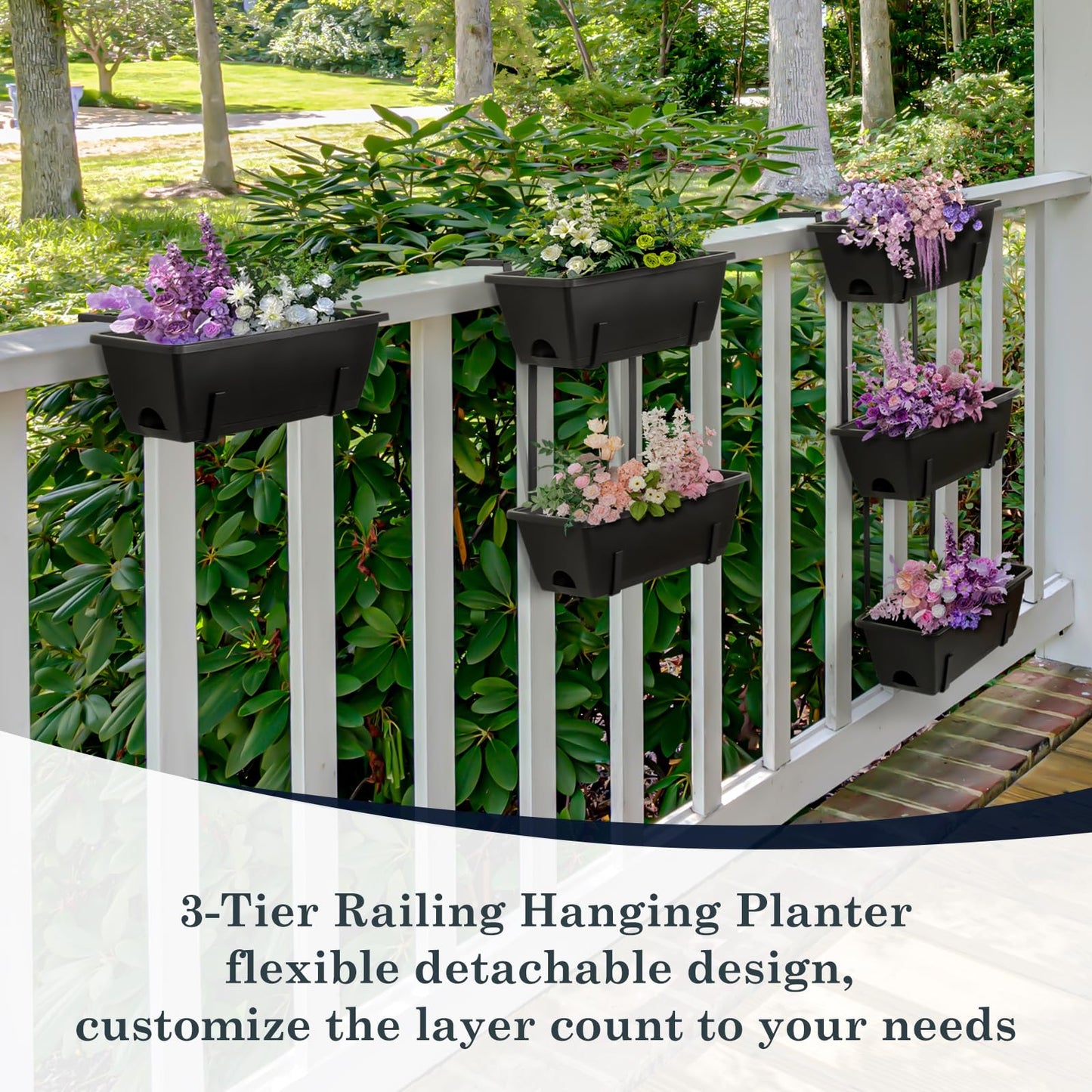 OYEAL Railing Planter Box Black Hanging Window Boxes Planter with Adjustable Brackets, Outdoor Set of 2 Deck Rail Planters with 6 Detachable Plastic Flower Pots for Garden Fence, Patio, Windowsill