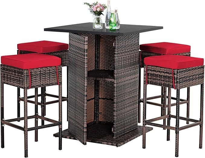 Tangkula 5 Piece Outdoor Rattan Bar Set, Patio Bar Furniture