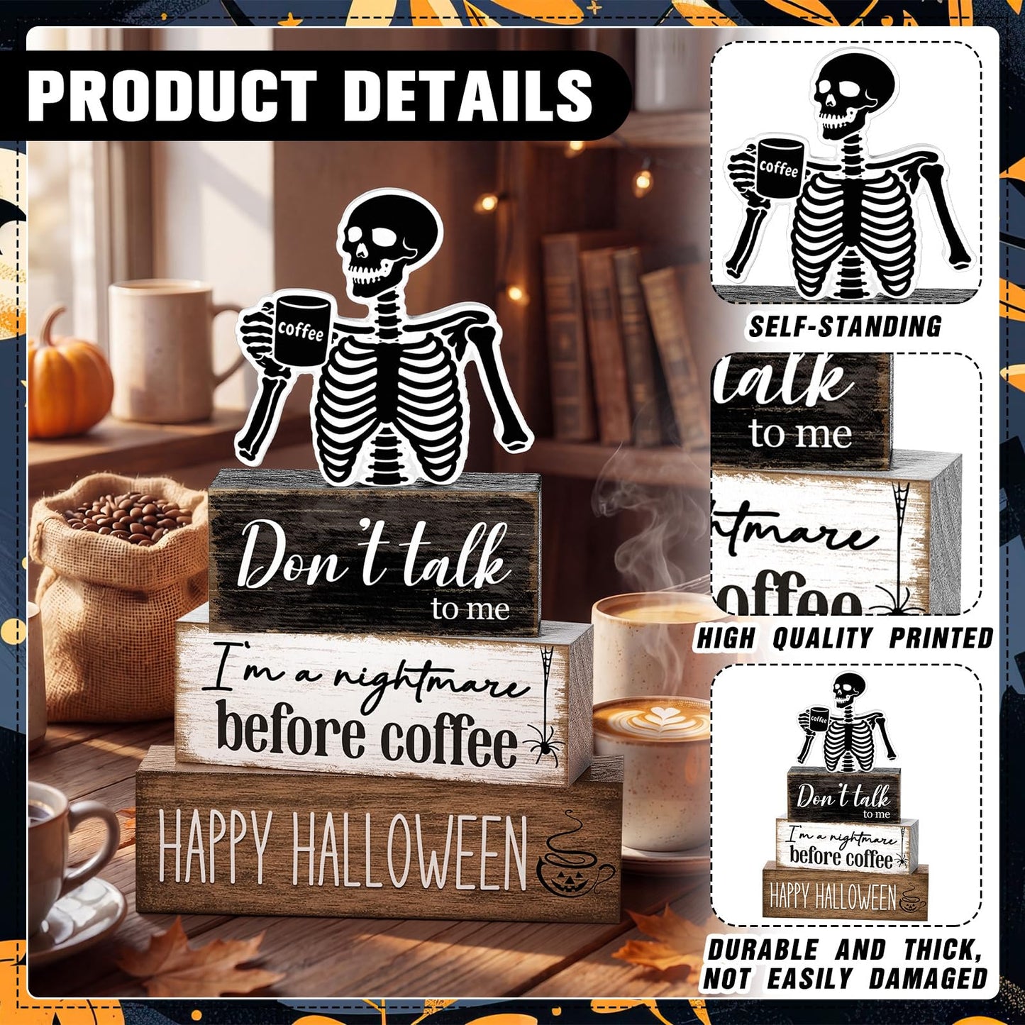 Marsui 4 Pcs Halloween Coffee Bar Decorations Skeleton Nightmare Before Coffee Tabletop Decor Funny Gothic Wooden Sign Block Halloween Table Centerpiece for Home Indoor Office Shelf Tiered Tray Decor