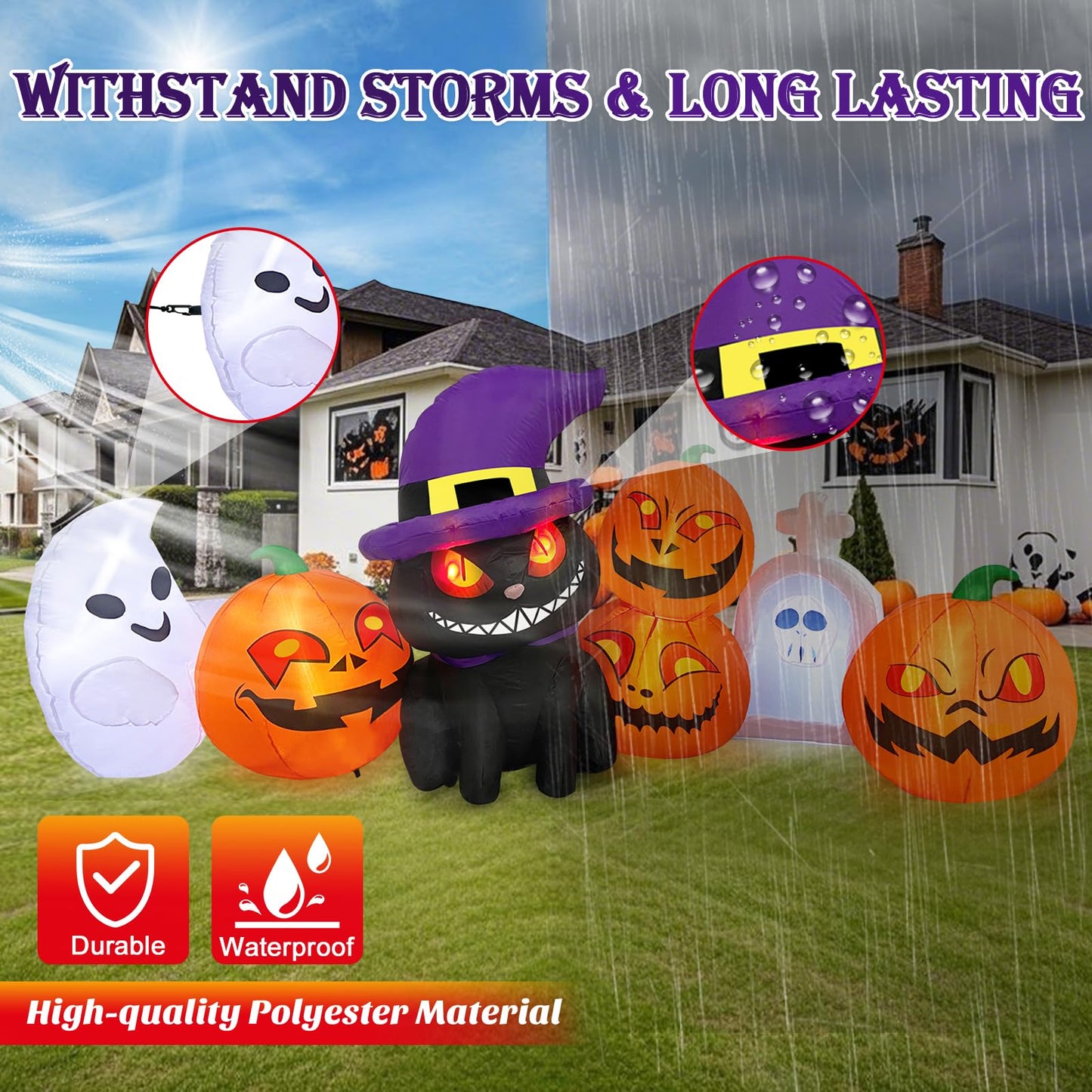 MICOCAH Halloween Inflatables Outdoor Decorations 8 FT Long Funny Pumpkin Black Cat Blow Up Lanterns Built-in LED Lights with Ghost Tombstone Scary Yard Decoration for Holiday Party Outside Lawn