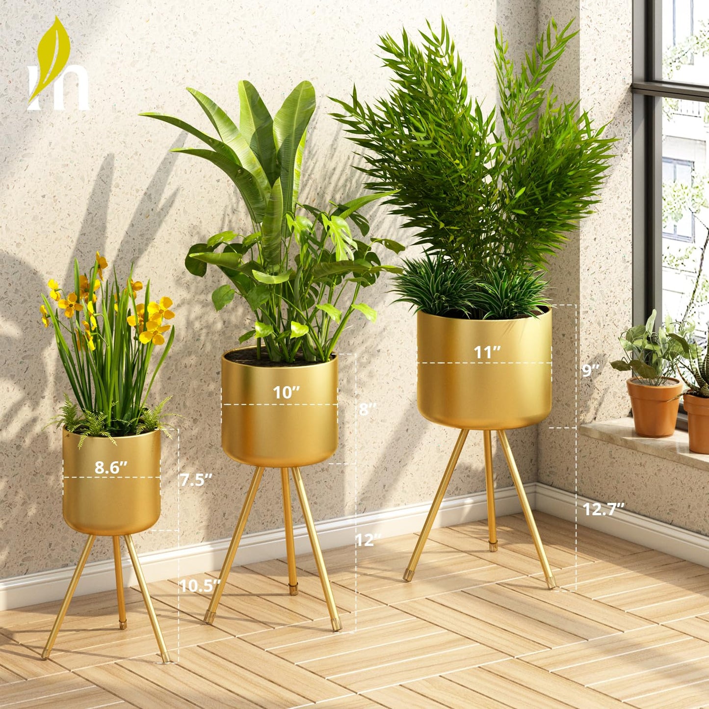 magarz Mid-Century Metal Flowerpot with Stands, Stylish Modern Floor-Standing Flowerpot,Suitable for Orchid, Aloe Indoor Outdoor Decoration 10'' Wide 20'' high (Large, Gold)