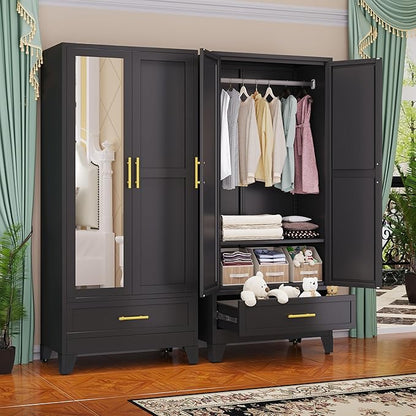 GAIOUS Steel Armoire Wardrobe Closet with Mirror Door and Drawer 71" Black | Household Wardrobe Cabinet with Hanging Rod, Metal Clothing Storage Cabinet with Adjustable Shelf for Bedroom, Cloak, Gym