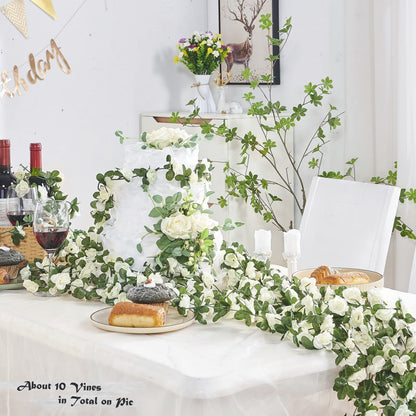 PONKING 8 Pcs x 8.2 ft Flower Garland Artificial Rose Vine Flowers with Green Leaves Hanging Fake Roses Vine for Room Party Home Wedding Birthday Christmas Wall Arch Decor, Spring White Flower