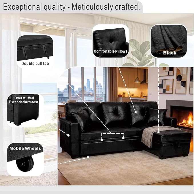 Eafurn Faux Leather Tufted Convertible Sleeper Sectional Sofa Bed, 3 Seater L
