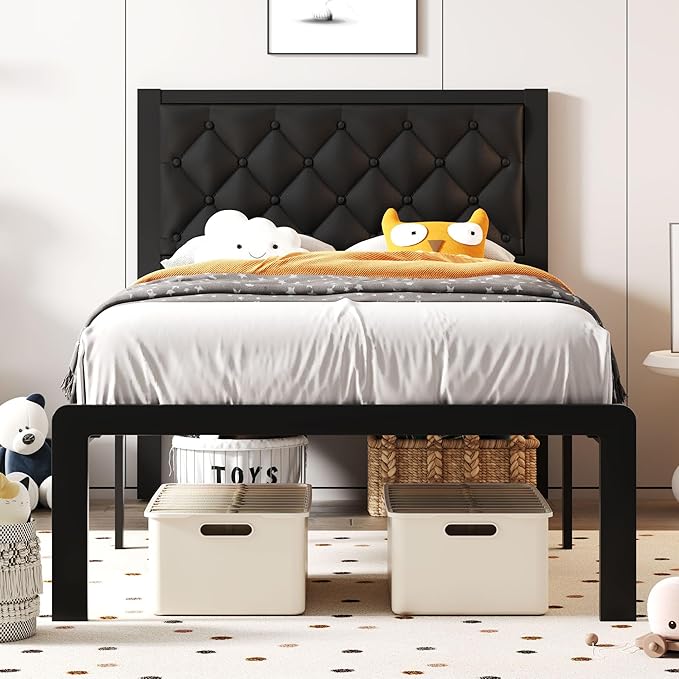 Fluest Twin Bed Frame with Headboard PU Leather Upholstered Bed Frame Platform