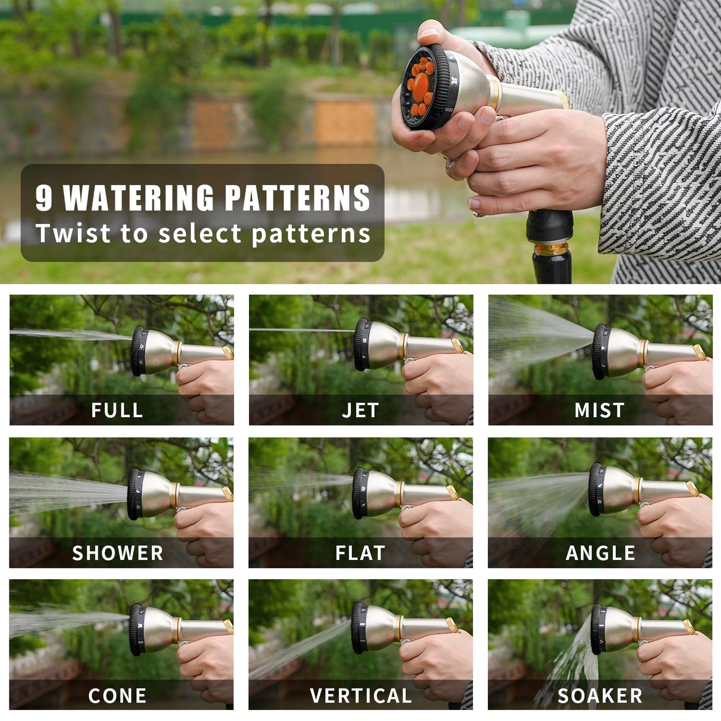 Besiter Garden Nozzle Sprayer, High Pressure Metal Water Hose Sprayer with 9 Watering Patterns, Heavy Duty Sprayer for Washing Cars, Watering Plants, Cleaning Yard & Showering Pets (Orange)