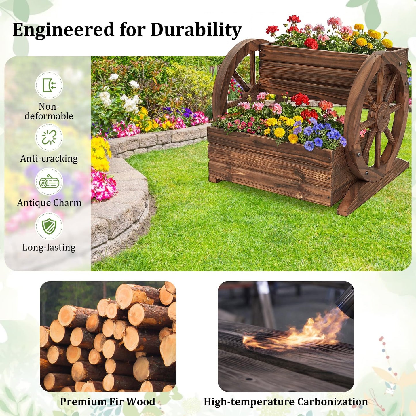 Giantex Wooden Wagon Planter Box, Garden Planter with Drainage Holes & Wheels for Flowers Herbs Vegetables, Indoor Outdoor Decorative Flower Cart for Patio Garden Balcony (1)