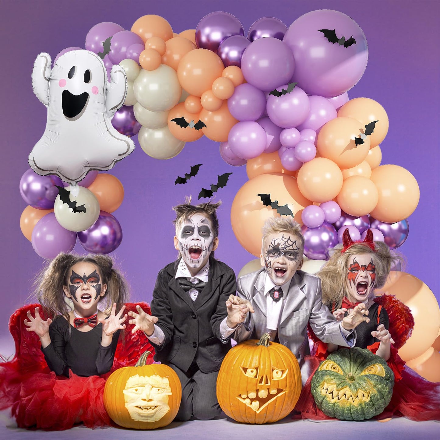 Halloween Balloons Garland Kit, 111 PC Purple Nude Cream Balloons with Cute Ghosts & 3D Bats, Beige & Metallic Purple for Girls' Party Decorations