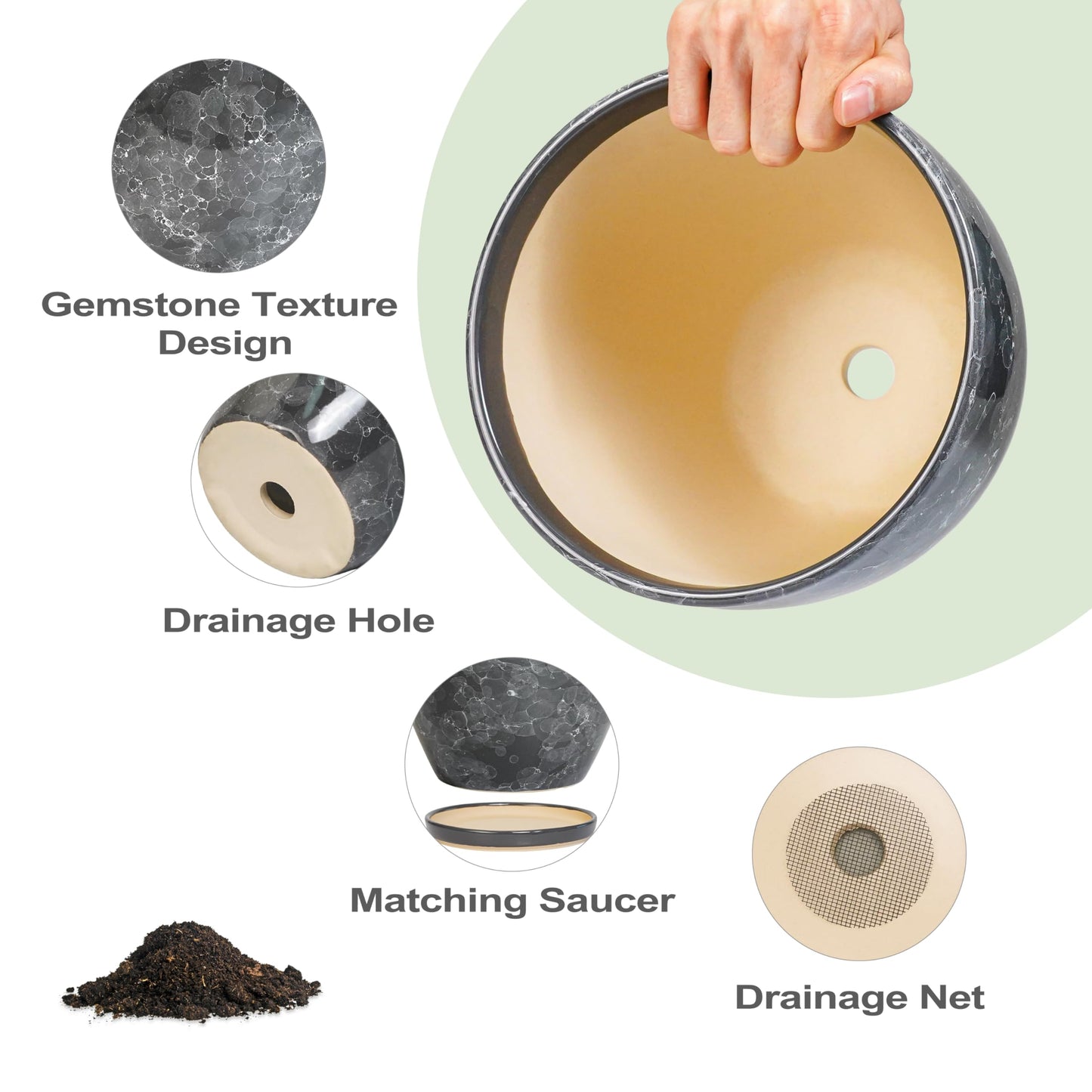 EPFamily Ceramic Pots for Plants - 10+8+6 Inch Modern Flower Pot for Indoor Outdoor, Round Planters with Drainage Holes and Trays, Office Garden Living Room Decor, Housewarming Gifts, Set of 3, Grey