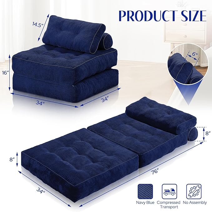 HABUTWAY Folding Sofa Bed, Convertible Sleeper Chair Bed w/Dual-Pillow & Handle