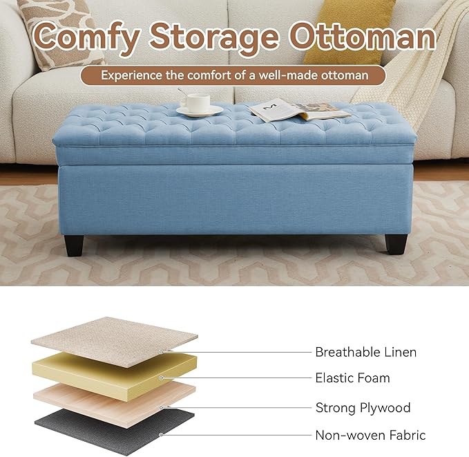 WUTUTUEE 51" Fabric Storage Ottoman Bench, Upholstered Rectangle End of Bed