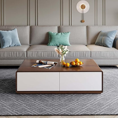 POVISON Modern Coffee Table with 4-Drawer, 51 inch Rectangle Coffee Table for Living Room,Full-Assembled, Walnut and White