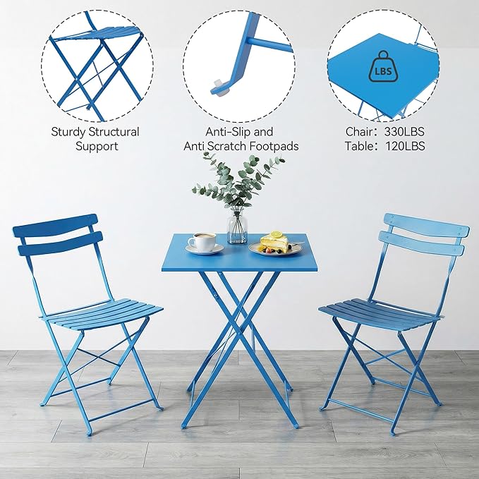 GarveeLife 3 Piece Patio Bistro Set, Folding Patio Bistro Table and Chairs Set