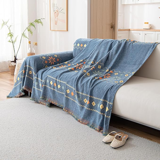DREAMINGO Blue Boho Couch Cover Geometric Jacquard Sofa Covers