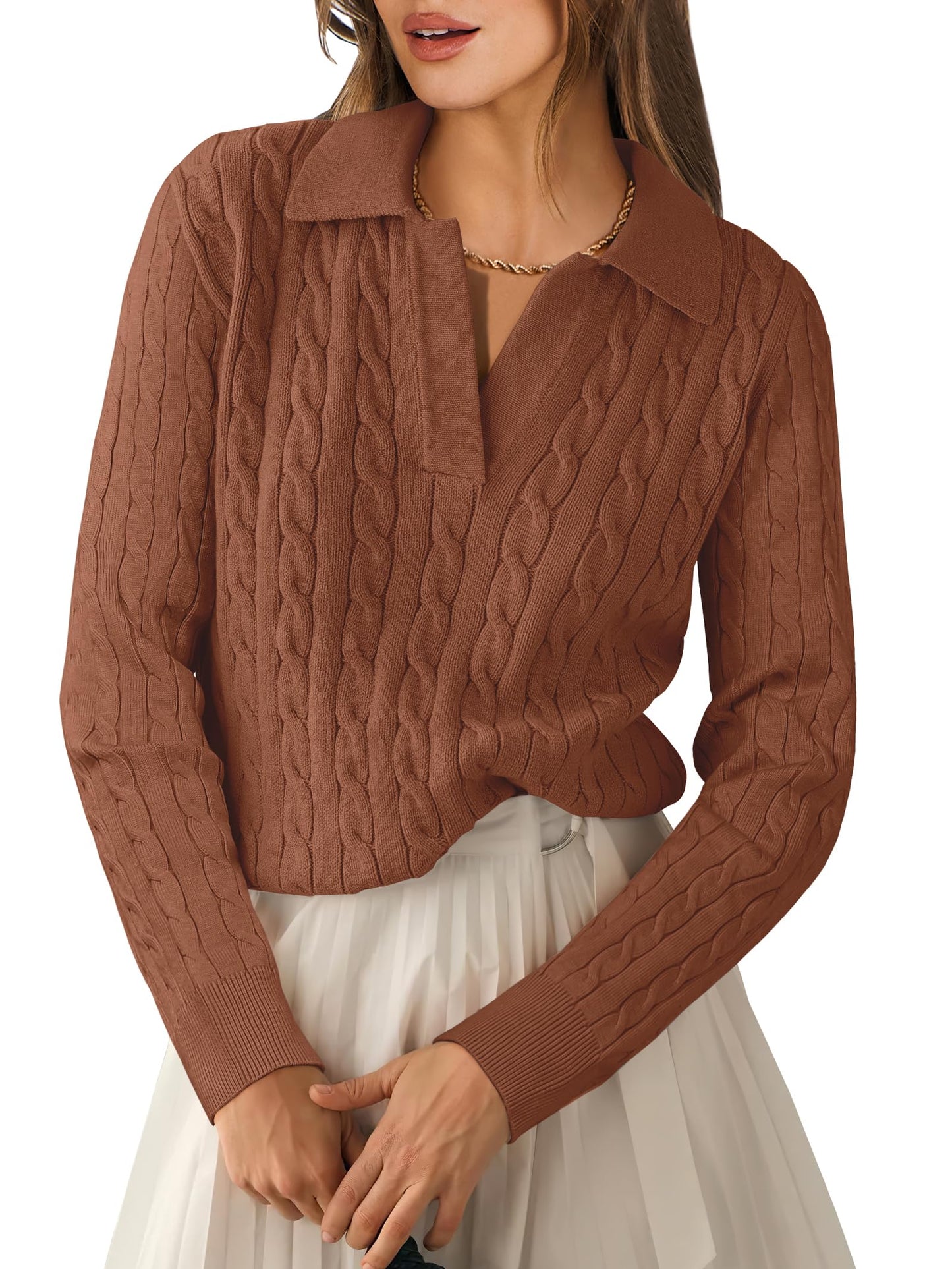 ANRABESS Womens Cable Knit Sweaters Long Sleeve V Neck Sweater Tops Casual Pullover Polo Shirts 2025 Fall Fashion Outfits