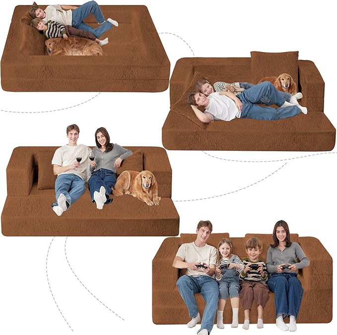 Folding Bean Bag Chair for Adults, 3-in-1 Bean Bag Couch Faux Fur Floor Sofa