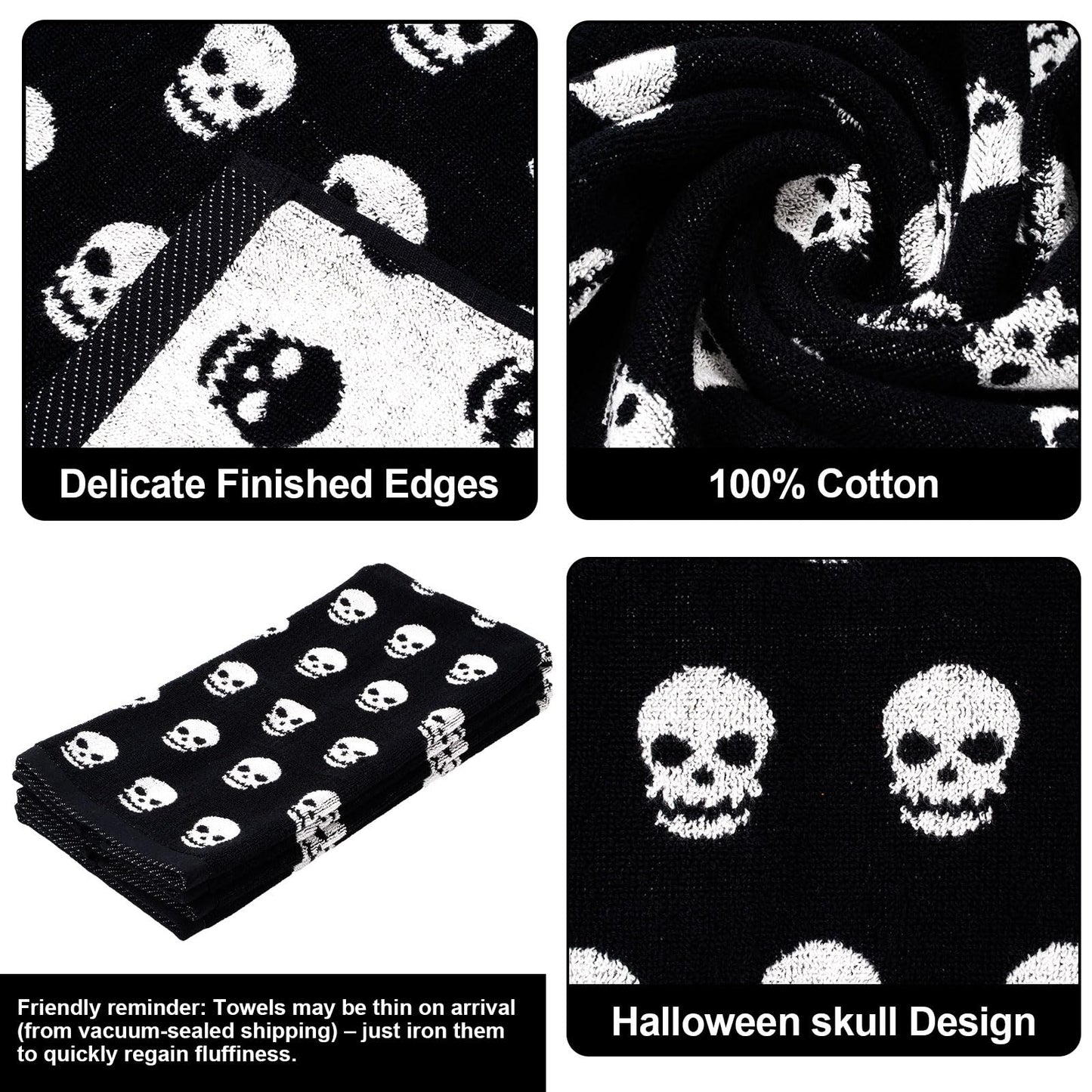 Whaline Halloween Skull Hand Towels Black White Cotton Bathroom Towel Absorbent Bath Towel for Drying Cleaning Cooking, 29.5 x 13.4 Inch, 2Pcs