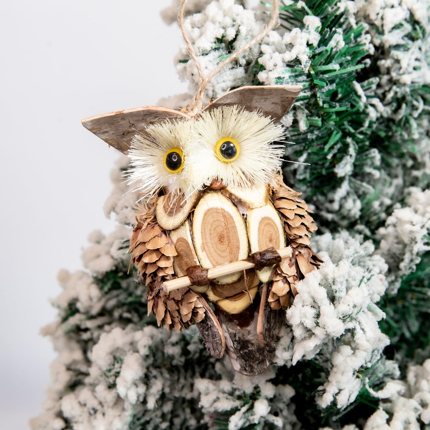 Cartanfill-Woodland Animal Owl Ornaments, Wood and Sisal, Set of 6 Assorted, Christmas Tree, Thanksgiving