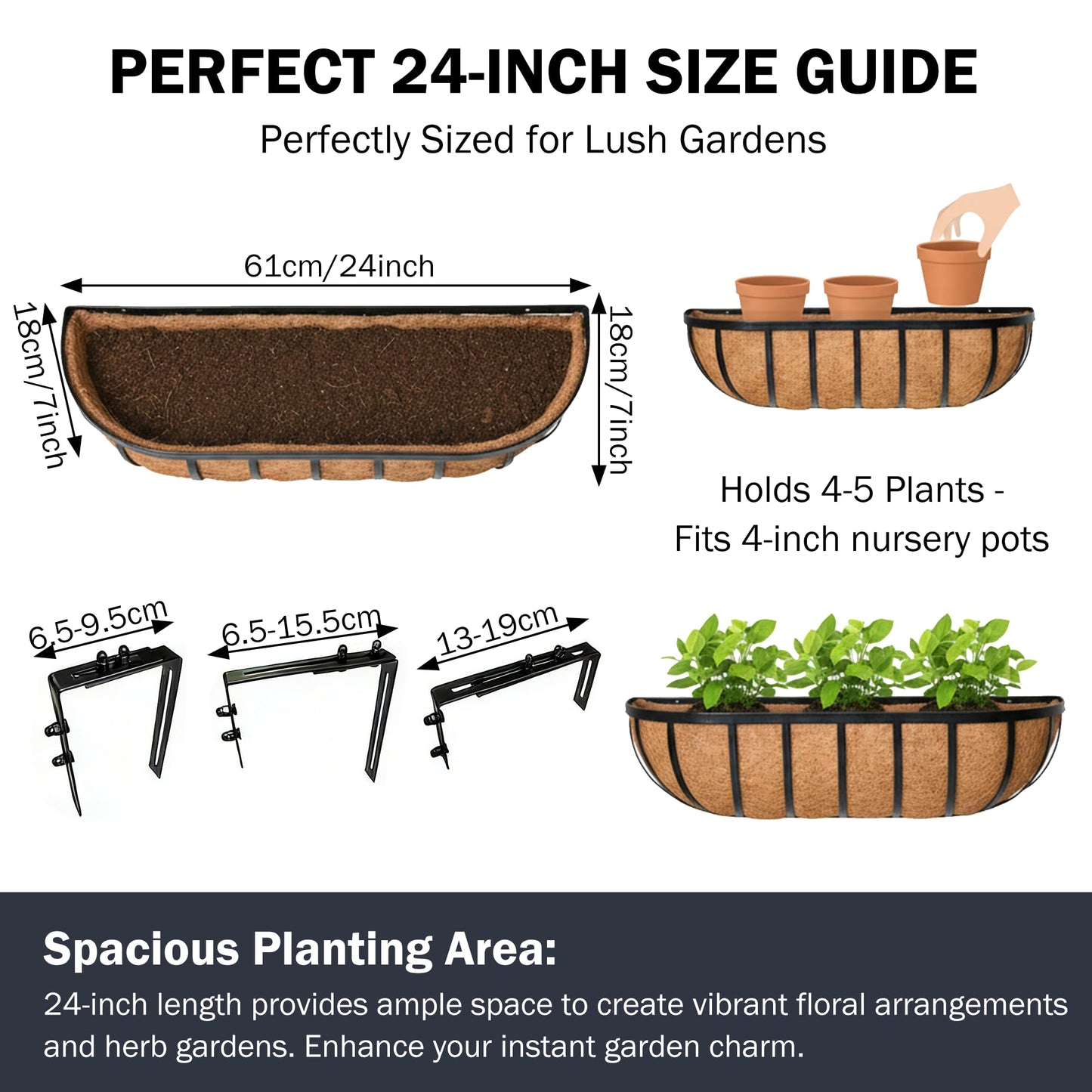 KIDYBELL 24“ Window Box Railing Planter with Coco Liner Metal Wall-Mounted Coconut Liner Planter Basket English Horse Trough Planters for Outdoor Deck Balcony Porch Fence Patio Black (2 Pack)