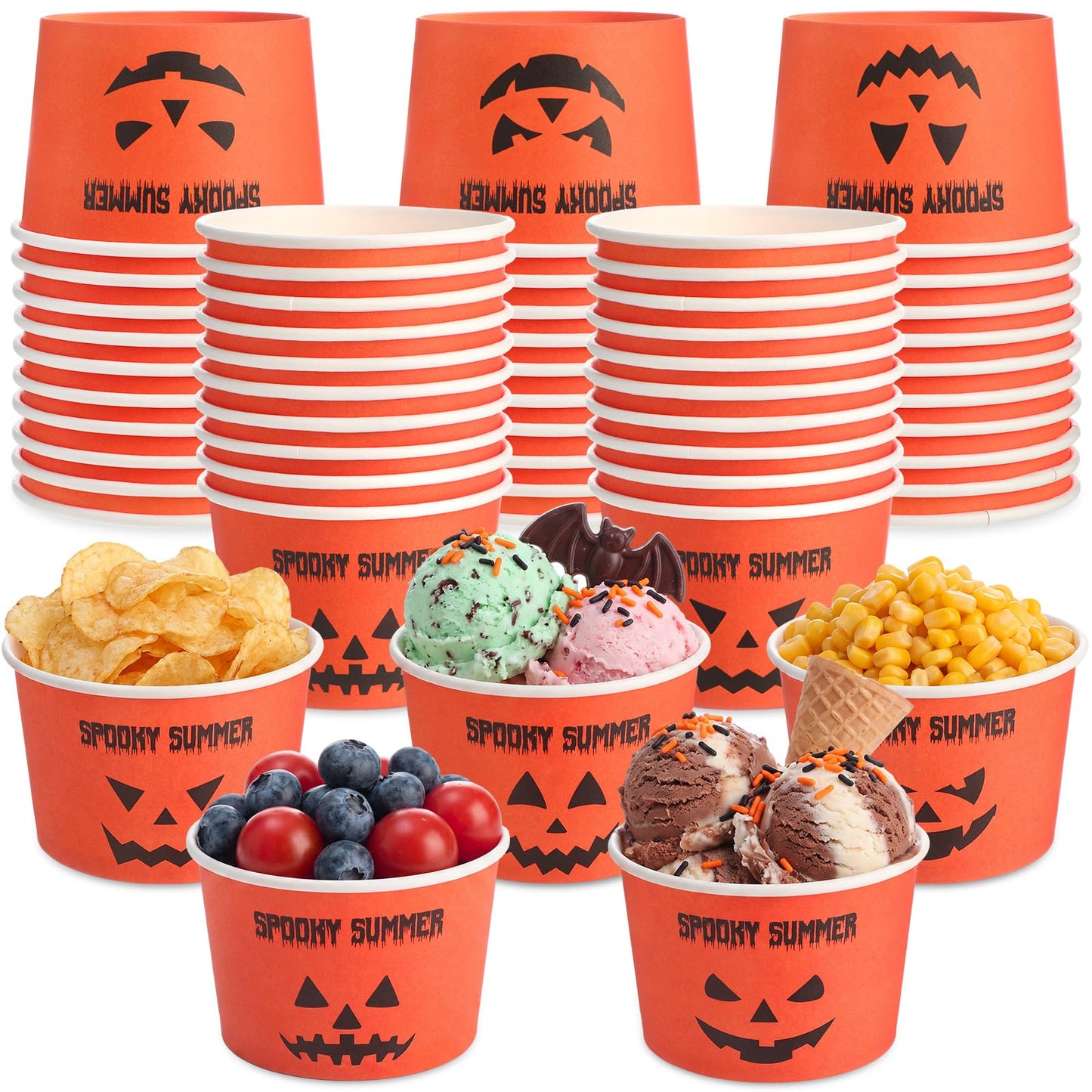 Jingmore 50 Count Summer Halloween Ice Cream Paper Cups Ghost Face Disposable Dessert Bowls Summer Halloween Cute Jack-o-lantern Treat Orange Cups for Hawaii Beach Party Supplies Sundae Yogurt Soup