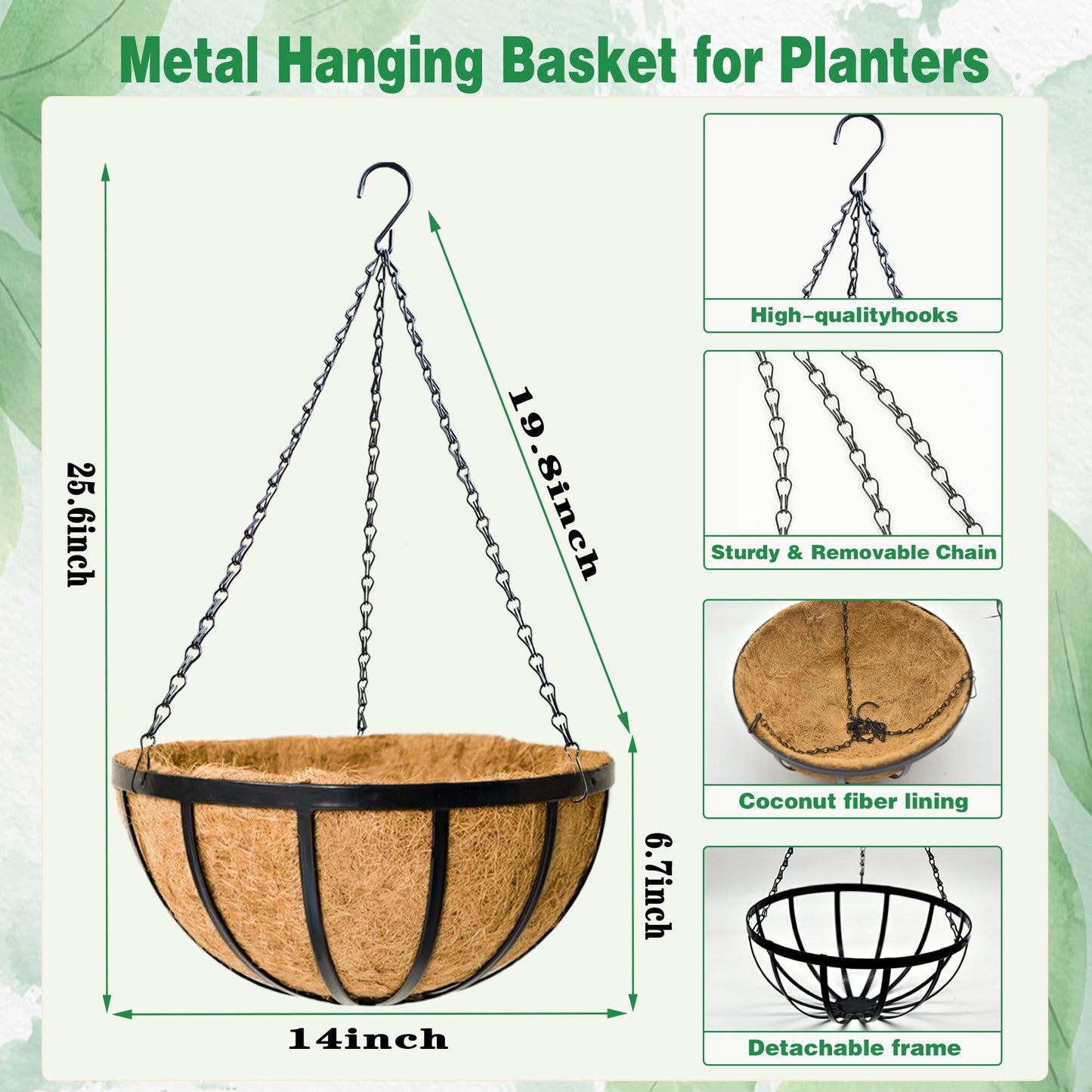 JFFLYIT 4 Pack 14 Inch Hanging Planters for Outdoor Plants Metal Hanging Planter Basket with Coco Coir Liner Round Plant Black Flat Iron Metal Flower Pots for Deck Patio Porch Garden Balcony