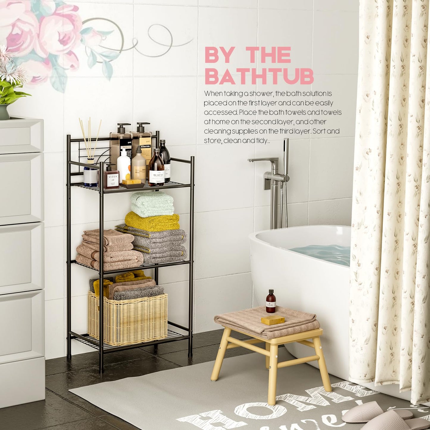 LEEDA 3-Tier Freestanding Multipurpose Storage Shelves Heavy Duty Metal Shelving Unit, Display Plants Flowers Bath Essentials, for Kitchen Bathroom Office, Black